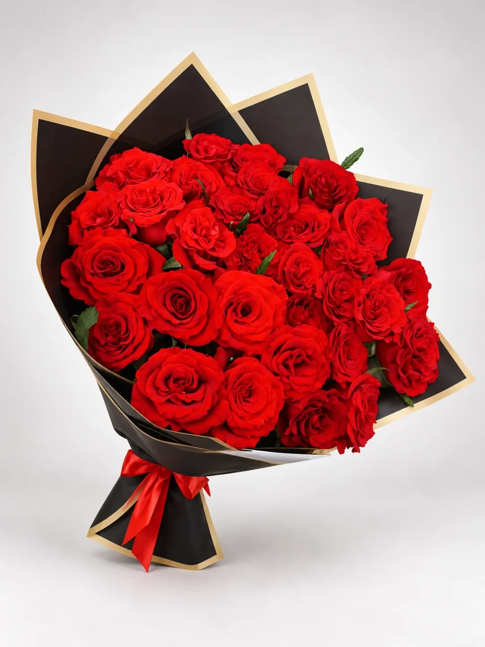 Amour Noir red rose bouquet in black and gold wrapping for flower delivery in Casablanca