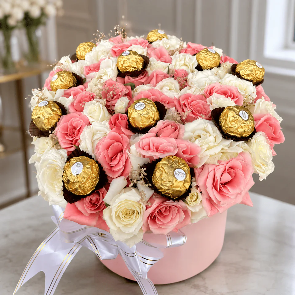 Bloom Couture Grande pink and white flower box with Ferrero Rocher chocolates for delivery in Casablanca