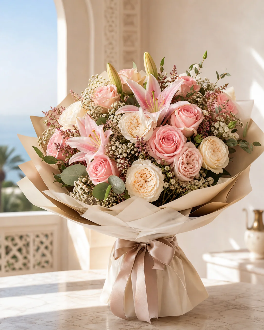 Luxury pink lily and rose bouquet for flower delivery in Mohammedia