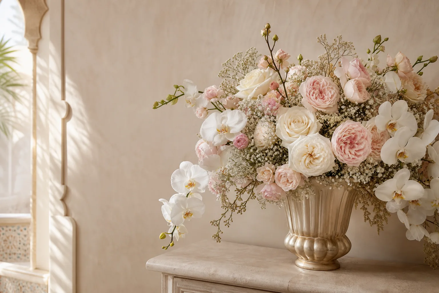 Luxury ivory, blush rose and orchid bouquet in a refined Casablanca interior
