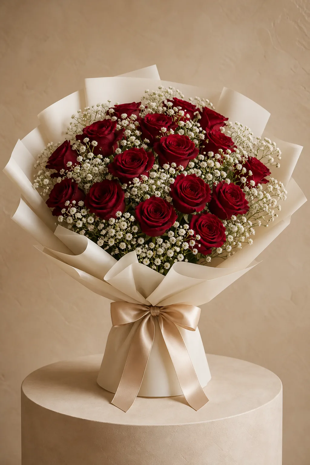 Velvet Rouge roses with baby's breath