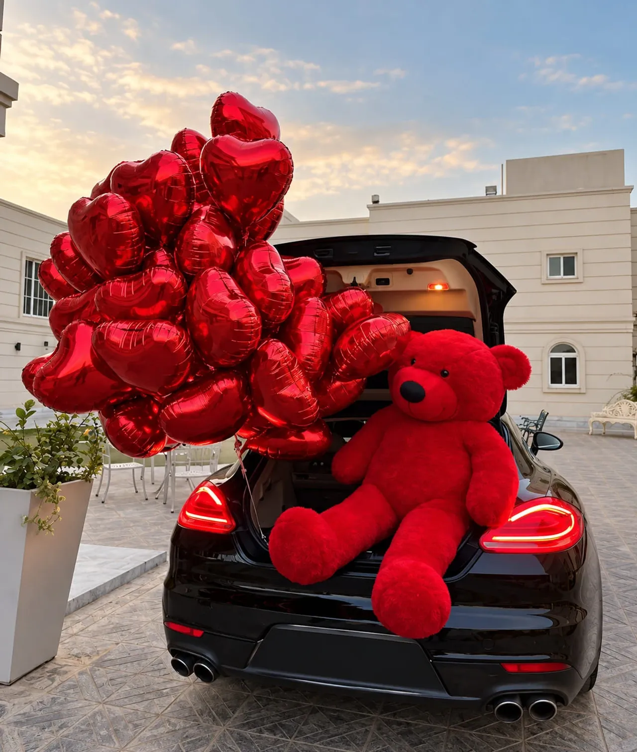 Red teddy bear and heart balloons for romantic gift delivery in Settat