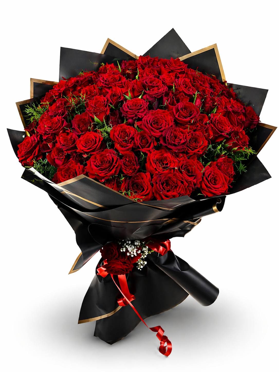 Royale luxury red rose bouquet with black and gold wrapping in Casablanca