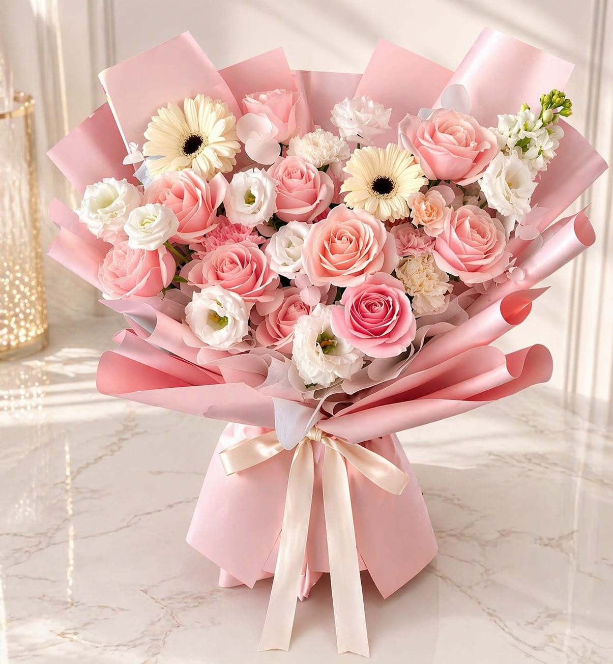 Blushia pink and white bouquet with roses and seasonal flowers in Casablanca