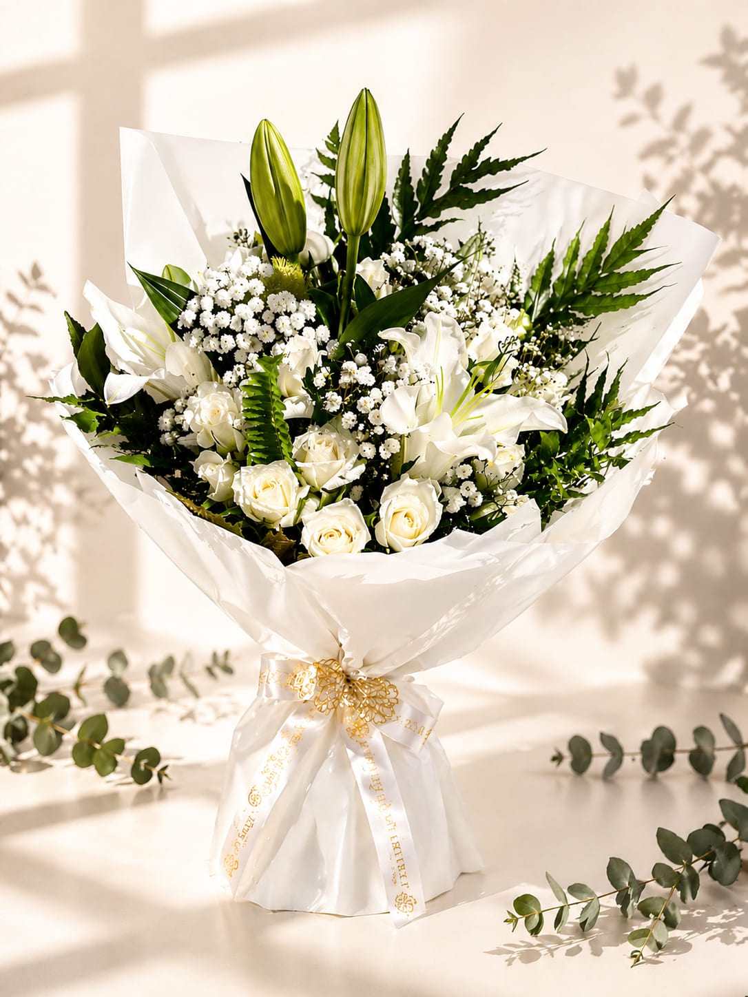 Lilia white bouquet with lilies, roses, baby's breath and greenery in Casablanca